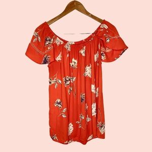 Orange floral flutter sleeve off the shoulder shirt